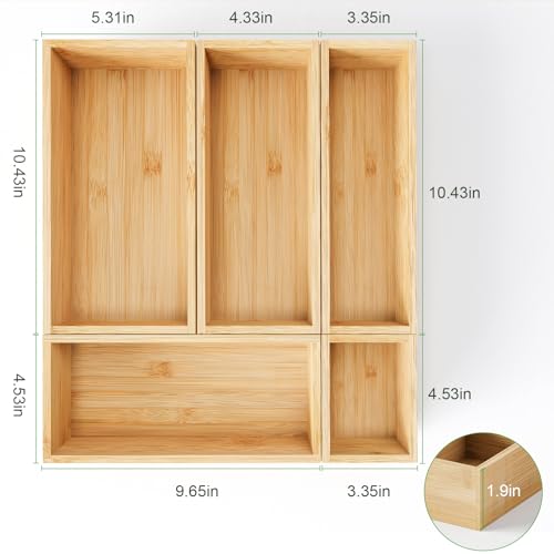 Bamboo Drawer Organizer Boxes, 5 PCS Junk Drawer Organizer - Image 8