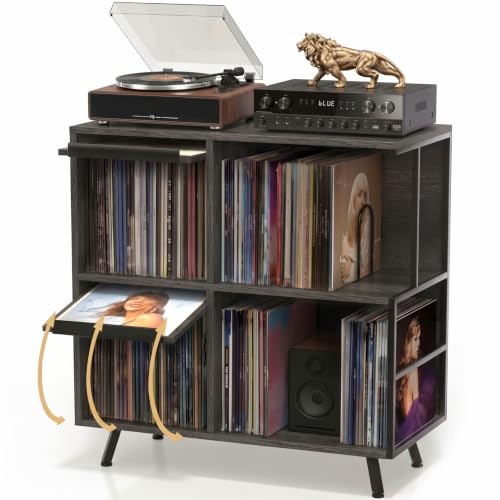 3 Tier Record Player Stand with Flip-Down Record Shelf, Gray - Image 2