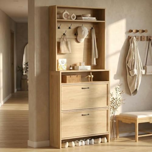Garvee Shoe Cabinet with 2 Flip Drawers, 2-in-1 Hall Tree - Image 2