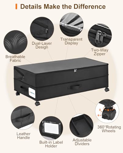 Under Bed Storage w/Wheels,70L Under Bed Containers,2 Pack-Black - Image 6