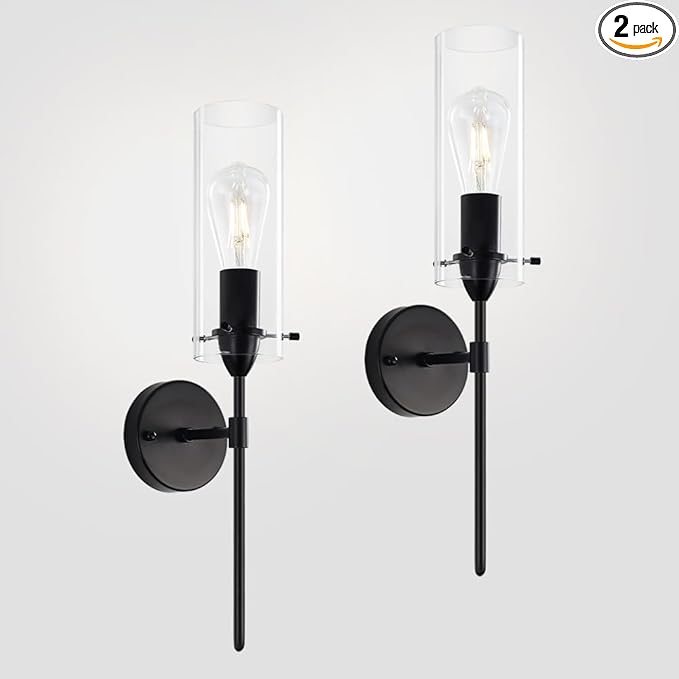 Modern Wall Sconces Set of Two, Black Wall Sconce with Clear Glass Shade, Hardwired Wall Mount Light Fixtures for Living Room Bathroom, Bedroom, Hallway