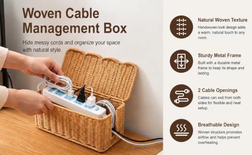 Cable Management Box, Handmade Scalloped Rattan Cable Organizer - Image 4
