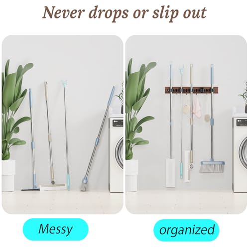 Broom Holder Wall Mount, Rustic Wood Broom Hanger with 5 - Image 8