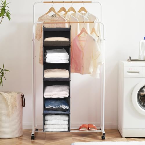 6 Tier Hanging Closet Organizer with 2 Sturdy Hooks, Grey - Image 7