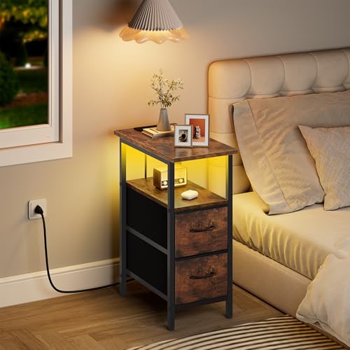 Vagusicc Nightstand with Charging Station and LED Lights, Narrow - Image 3