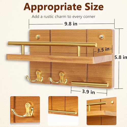 9.8” Solid Teak Wood Key Holder Wall Mount with Shelf and Hooks - Image 4