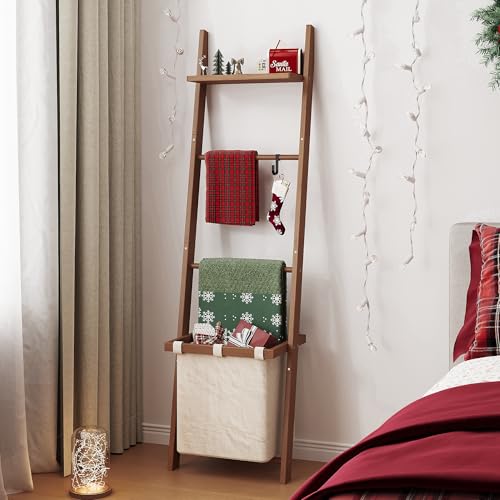 63" Bamboo Blanket Ladder with Shelf, Fabric Storage - Image 6