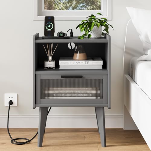 MMEOLUOOK Nightstand with Charging Station, Bedside Tables Grey - Image 7