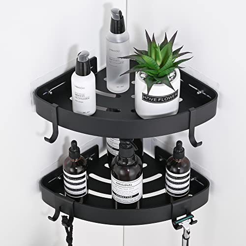DUFU Adhesive Corner Shower Caddy with Hooks, Black, 2 Pack - Image 2