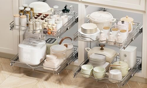 DINDON 2 Tier Pull Out Cabinet Organizer (17" W x 18" D) Heavy-Duty Metal Sliding Drawer Shelf, Two Tier Pull Out Shelves for Kitchen Cabinets, Pantry, Bathroom, Chrome Finish - Image 6