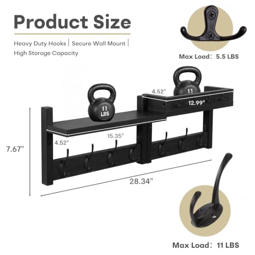 29" Coat Rack Wall Mount with Shelf, Mail & Key Organizer, Black - Image 4