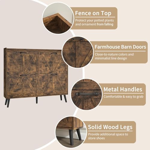Farmhouse Shoe Cabinet Storage with 4 Flip Drawers, Rustic - Image 7