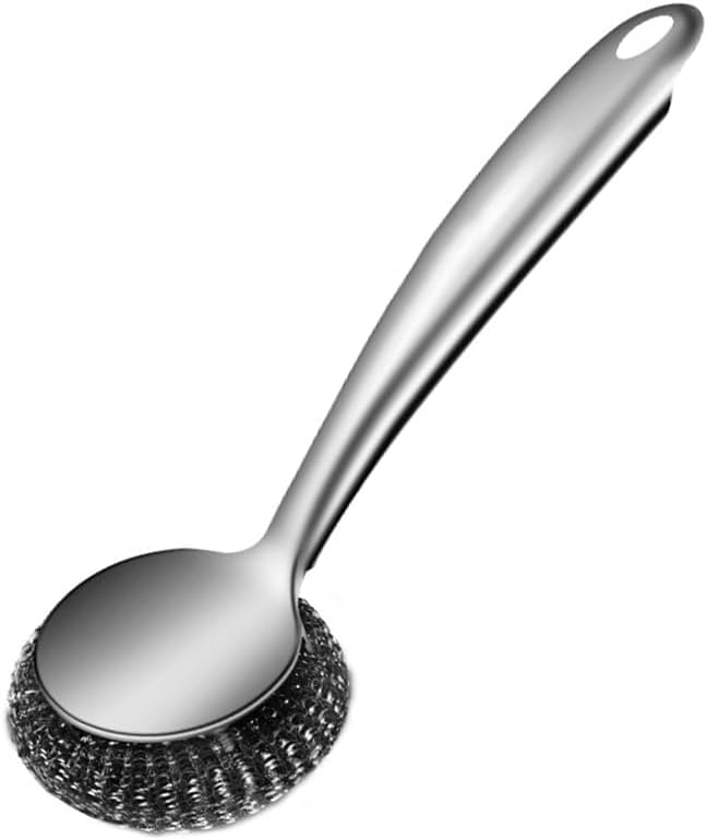 Steel Wool Dish Scrubber, Stainless Steel Scrubber Long Handle with Replacement Balls Ergonomic Design for Dishes, Pans, Grills, Stoves