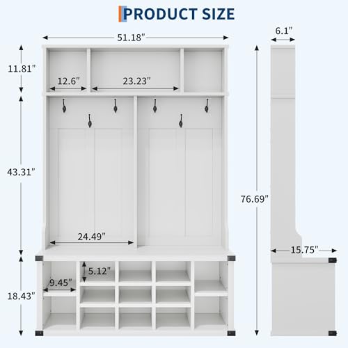 Large Hall Tree with Bench and Shoe Storage, 51" | Home Organization - Image 3