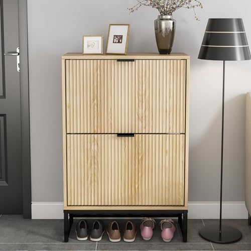 Shoe Storage Cabinet with 2 Flip Drawers Modern Fluted Shoe Rack - Image 4