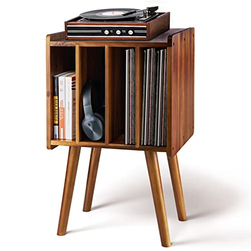 2BHOME Record Player Stand with Vinyl Record Storage, Acacia Wood - Image 2