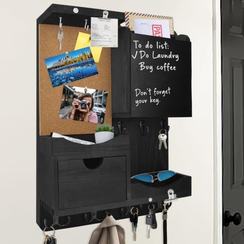 Key Holder Wall Mount with Drawer and Mail Organizer, Black - Image 2