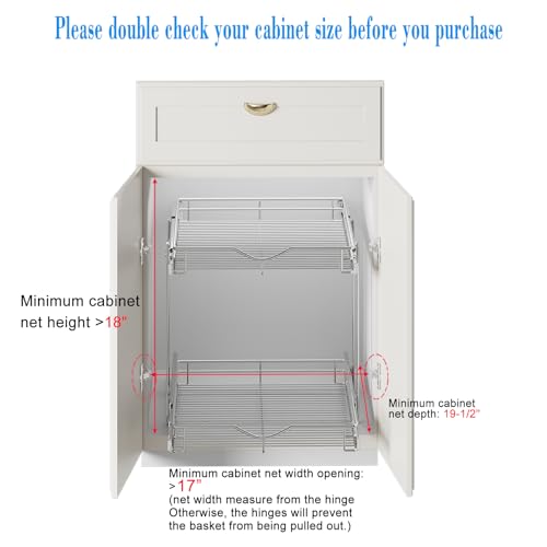 DINDON 2 Tier Pull Out Cabinet Organizer (17" W x 18" D) Heavy-Duty Metal Sliding Drawer Shelf, Two Tier Pull Out Shelves for Kitchen Cabinets, Pantry, Bathroom, Chrome Finish - Image 5