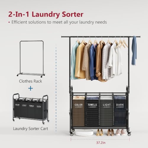 Tajsoon Laundry Sorter with Hanging Bar, 4 Section Laundry Hamper - Image 4