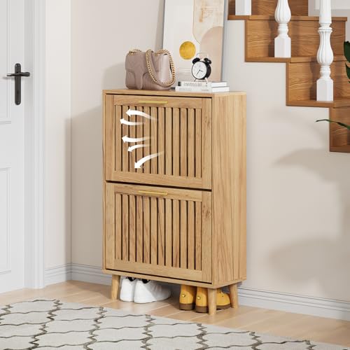 Shoe Storage Cabinet with Louvered 2 Flip Drawers, Narrow Shoe - Image 7