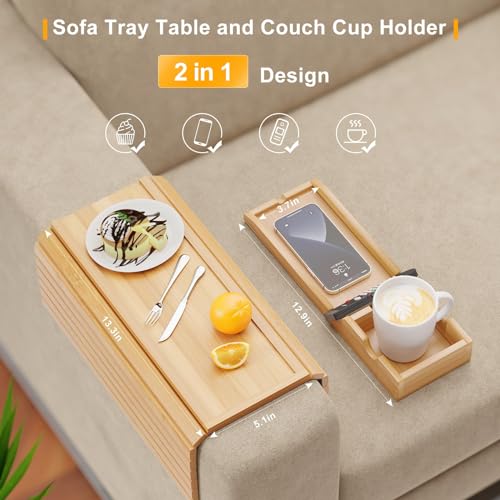 Bamboo Couch Armrest Table with Detachable Cup Holder Tray - Image 4