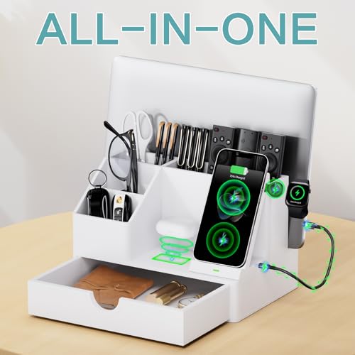 Sleek White PU Leather Charging Station with Drawer - 6-in-1 - Image 5