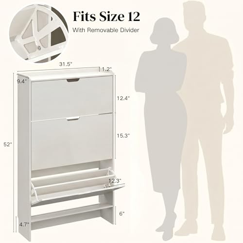 White Slim Shoe Cabinet with 3 Flip Drawers, 52" Tall Narrow Shoe - Image 3