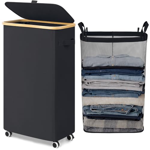 Goodpick 75L Rolling Laundry Basket with Wheels and Lid, Black - Image 2