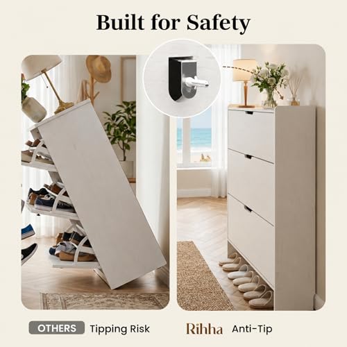White Slim Shoe Cabinet with 3 Flip Drawers, 52" Tall Narrow Shoe - Image 7