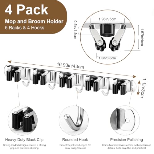 4 Pack Broom Holder Wall Mount, 5 Racks 4 Hooks Mop - Image 4