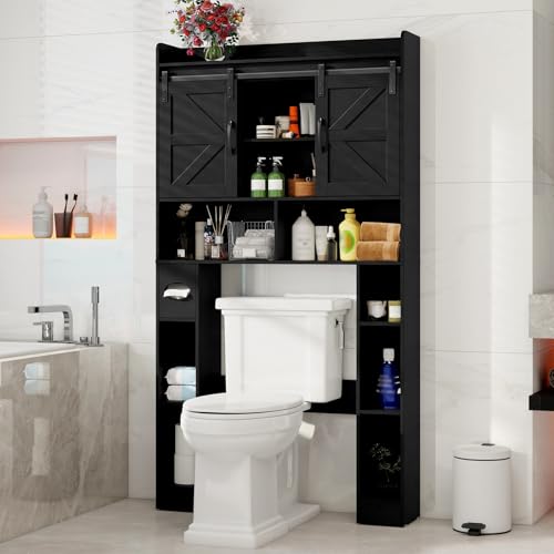 Vabches Over The Toilet Cabinet with Sliding Doors, Black - Image 2
