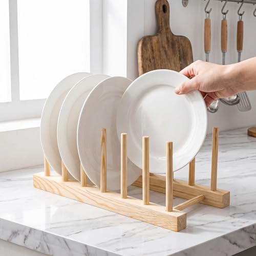 8 Pcs Wooden Plate Organizer for Cabinet, Bamboo Dish Drying Rack - Image 7