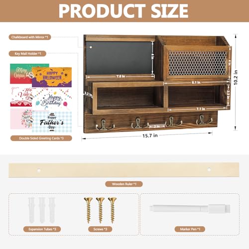 Key Holder Wall Mount, Wooden Mail and Key Organizer, Brown - Image 3
