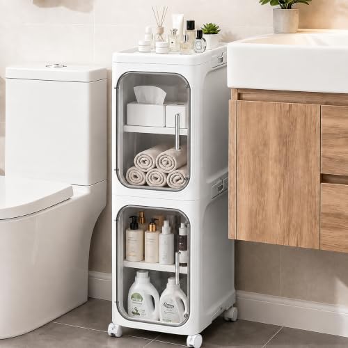Narrow Slim Bathroom Storage Cabinet with Wheels, 2-Tier White - Image 2