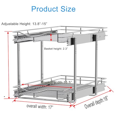 DINDON 2 Tier Pull Out Cabinet Organizer (17" W x 18" D) Heavy-Duty Metal Sliding Drawer Shelf, Two Tier Pull Out Shelves for Kitchen Cabinets, Pantry, Bathroom, Chrome Finish - Image 4