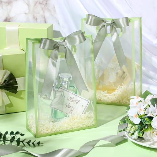 Aliceset 12 Pcs Clear Plastic Gift Bag with Handles,Sage Green - Image 5