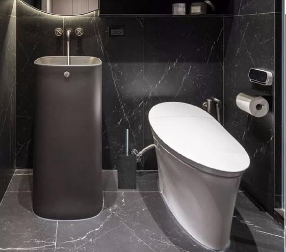 Marble Finishing Resin Material Toilet Brush and Holder Set, Stainless Steel Handle (Nature Black Square)