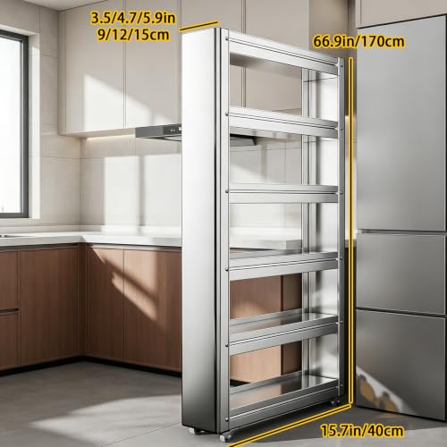 Slim Storage Cart, Stainless Steel Pull Out Organizer with Wheels - Image 3