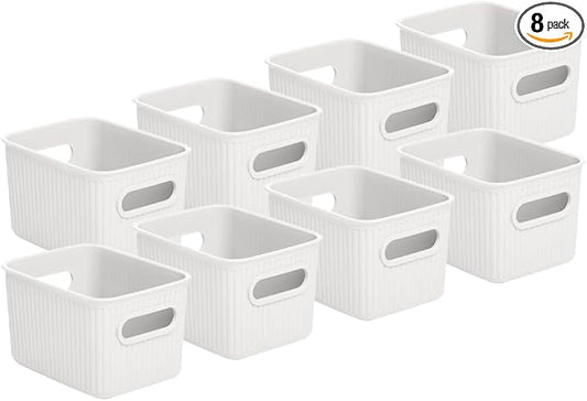 Superio Decorative Plastic Basket Open Home Storage Bins Organizer Baskets, Small, White (8 Pack) Container Boxes for Organizing Closet Storage Bins for Shelves Drawer Shelf, 1.5 Liter