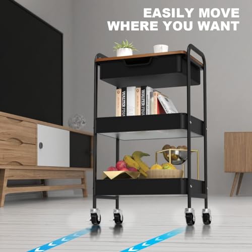3 Tier Rolling Cart with Drawer, Metal Utility Cart with Table - Image 6