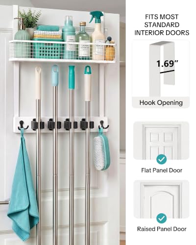 Over the Door Broom Holder with Basket, Wooden Mop & Broom - Image 4