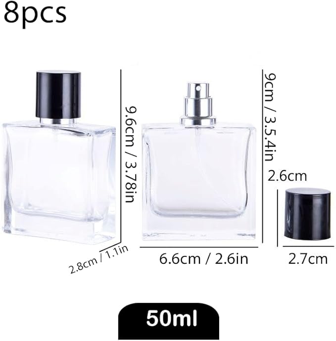 Empty Perfume Bottle Refillable 8PCS 50ml Glass Square Flat Clear Travel Spray Atomizer Container Perfume Fine Mist Spray Pump Bottles Dispenser for Essential Oil Liquid (Flat Square -8PCS)