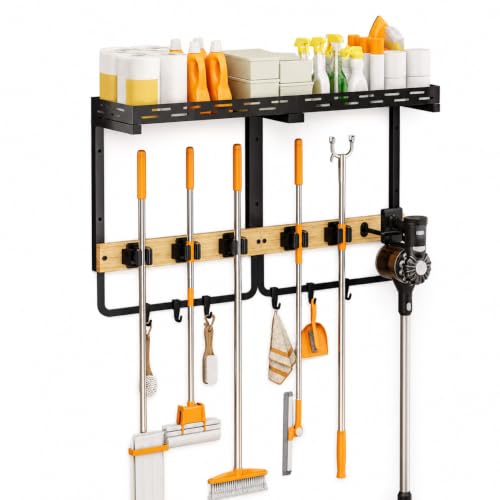 Broom Holder Wall Mount with Shelf, Mop Rack and Cleaning - Image 2
