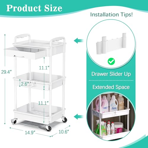 SUNALLY 3 Tier Rolling Cart with Drawer, Craft Stora | All Products - Image 3