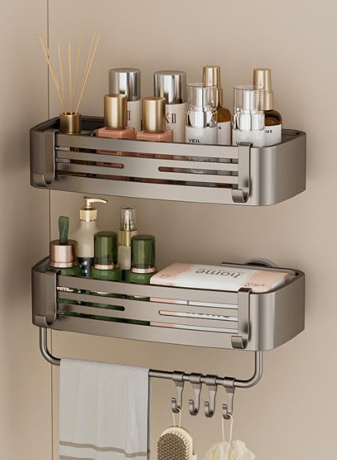 Suction Cup Square Shower Caddy with Hooks and Towel Bar for Bathroom. Aluminum, Reusable, Rustproof, No Drill, No Tools, No Glue. Multifunctional, Hang Towel, Loofah, Sponge (2 Pack, Gray)