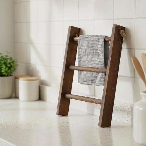 MyGift Dark Brown Wood Wall Mounted 3 Tier Hand Towel Ladder Rack - Image 5