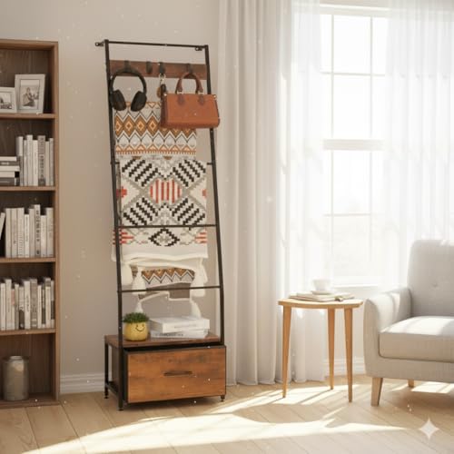 5-Tier Metal Blanket Ladder with Drawer, 63in Quilt Rack - Image 3