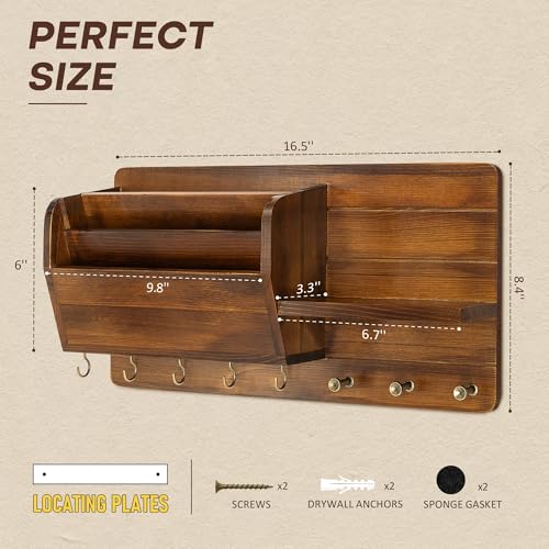 Pine Wood Key Holder Wall Mount with Mail Sorter, Light Brown - Image 3
