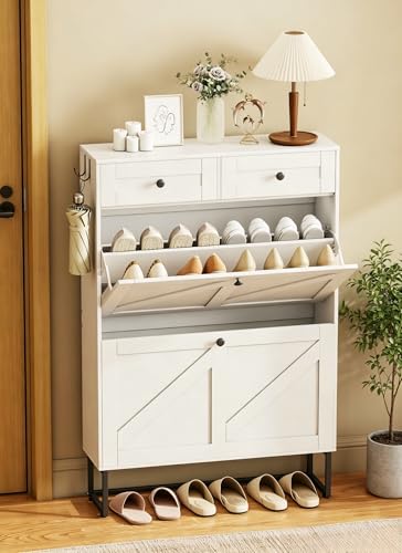 Shoe Storage Cabinet with 2 Flip Drawers & 2 Fabric - Image 2