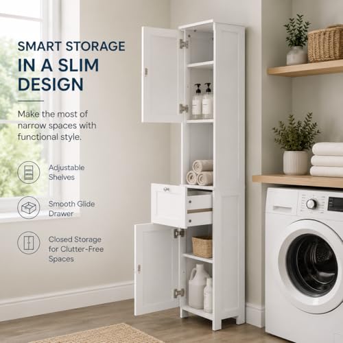 Basicwise White Tall Narrow Linen Tower Cabinet Freestanding - Image 5